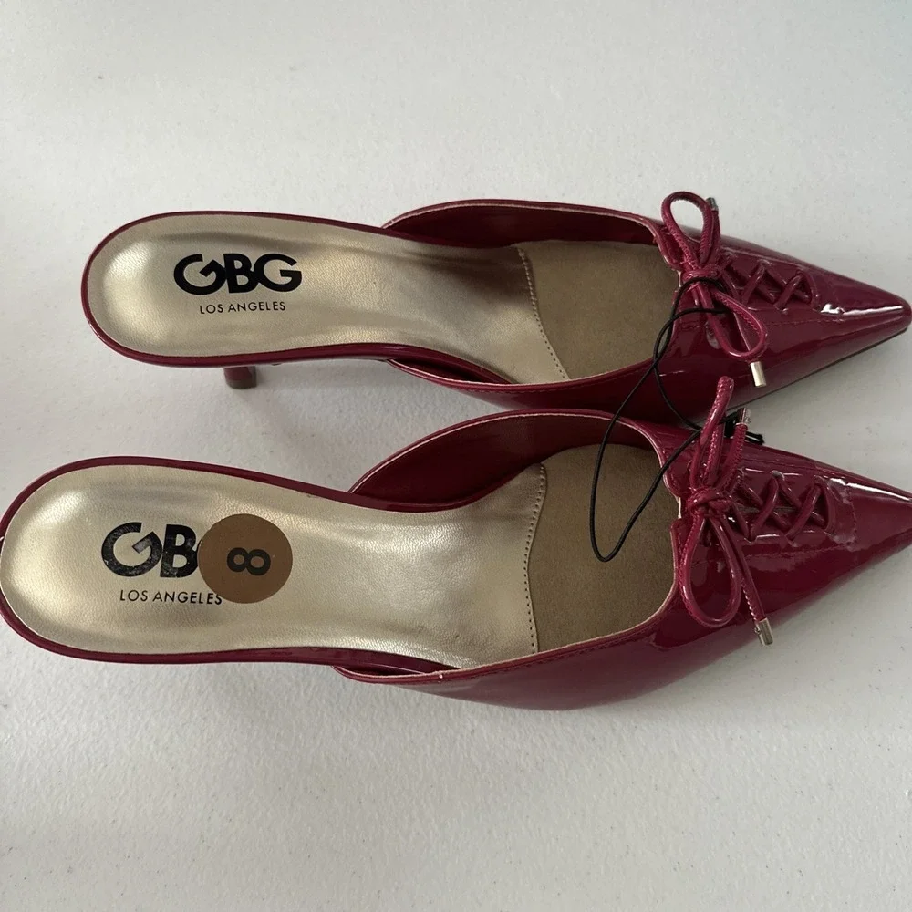GBG Los Angeles Slip-on Pointed-toe Kitten Heel Mules Bow Size 8 Pink Fuchsia